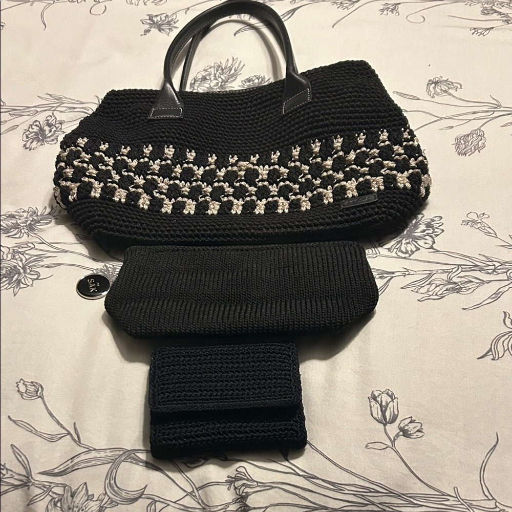 The Sak - Black & White Crochet Purse w/Leather Trim & Wallet, Pouch